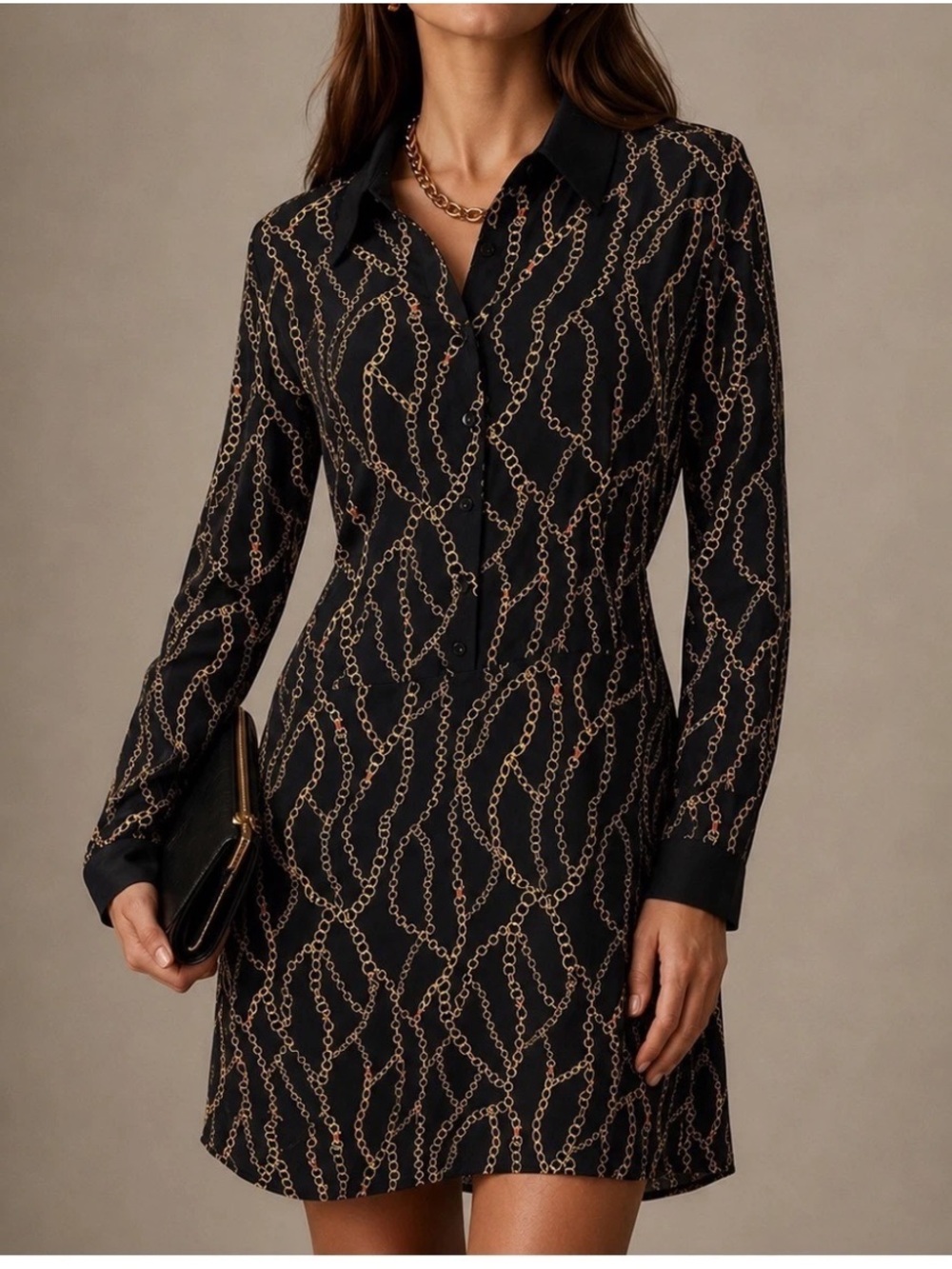 L’AGENCE Estelle Mini Shirt Dress Black Chain Print 100% Silk size 8